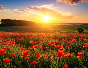 Fototapeta premium Vibrant Red Poppy Field at Sunset