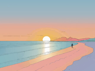 sunset on the beach with lonely person walking along sketch vector illustration