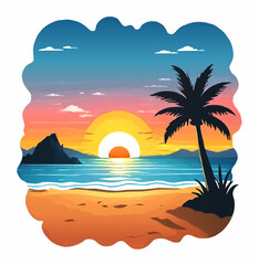 sunset on the beach cartoon vector illustration