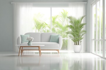 Light-filled living room with white sofa and green accents