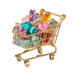 Miniature gold shopping cart overflowing with colorful gemstones