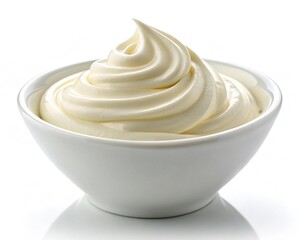 Creamy soft serve ice cream in a white bowl isolated on white background
