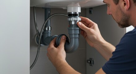 Plumber fixing drain pipe under sink indoors