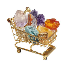 Gold shopping cart overflowing with colorful crystals