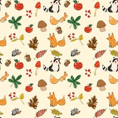 Seamless pattern with cute woodland animals and autumn elements. Hand-drawn illustration featuring foxes, raccoons, hedgehogs, squirrels, apples, mushrooms, leaves, berries, and acorns
