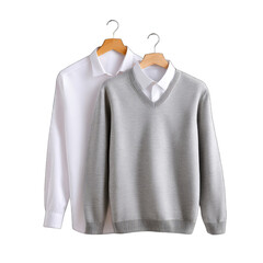 Two shirts, one white, one light gray, on hangers