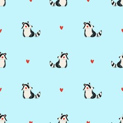 Seamless pattern with cute badger and red hearts on a light blue background. Playful hand-drawn animal illustration, perfect for children’s textiles, wrapping paper, nursery decor