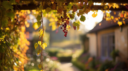 Autumn country scene with autumn decor, leaf, branch, gate, wreath styled setting for home, outdoor, cottage, lifestyle, estate, porch or countryside real estate backdrop