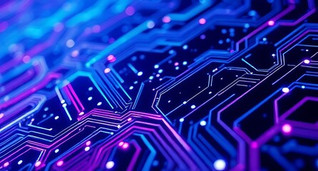 Futuristic Neon Circuit Board with Glowing Blue and Pink Data Pathways.