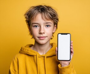 Fototapeta premium A child in a mustard yellow hoodie displays a blank screen smartphone against a bright yellow backdrop.