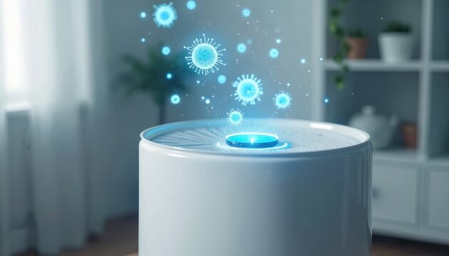 White air purifier emits glowing blue symbols of viruses, bacteria, signifying indoor air quality improvement. Modern home appliance designed for clean air filtration, promoting health, safety in