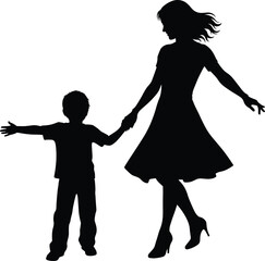 Black silhouette illustration of woman in dress holding hands with child, family connection, care and guidance concept, isolated on white background