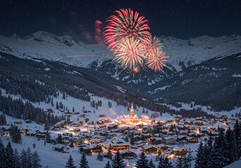 Sparkling Fireworks Over Snowy Village in Austrian Alps at Night Festive Celebration.