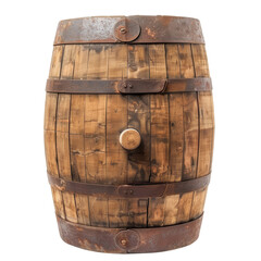 Obraz premium Rustic wooden barrel, vintage oak cask with metal bands, brown aged texture for brewery, wine and whiskey branding PNG isolated on Transparent Background