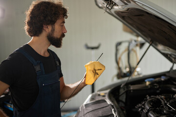 A skilled car mechanic inspects the oil level using a dipstick while standing by a vehicle in a well-lit garage. Tools and equipment are visible around him, showcasing a busy workspace.