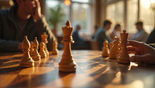 Concentrated players engage in intense chess match at wooden table within cozy cafe. Sunlight streams through windows illuminating warm, inviting ambience perfect for friendly competition, strategic