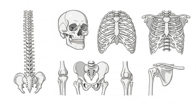 Anatomical illustration showing the human skeleton including skull spine ribs and various other bones created with generated ai