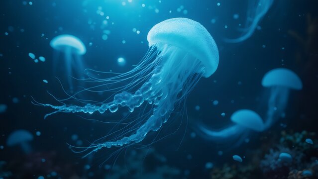 Glowing jellyfish gracefully float in the deep blue ocean, underwater.
