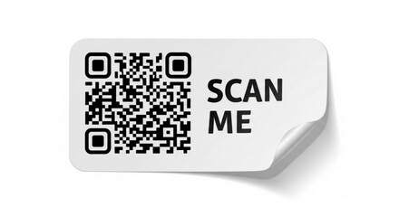 A white sticker with a qr code and the words scan me in black text with a curled corner design element created with generated ai