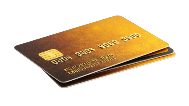 Two credit cards overlapping, golden-bronze color, angled view