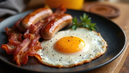 Crispy bacon, juicy sausages, and sunny-side-up egg on black plate. Inviting breakfast setup. Homestyle meal, perfect for morning brunch, offering comfort and warmth with every savory bite.