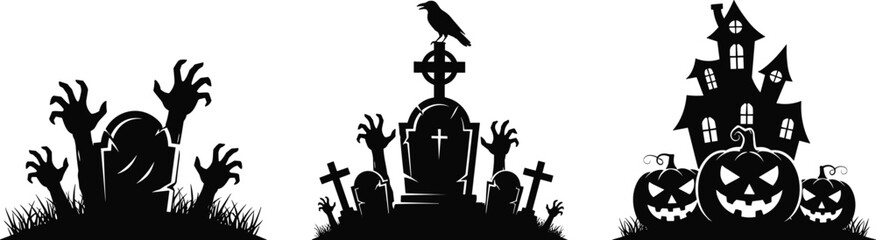 Halloween spooky graveyard with zombie hands rising, creepy tombstones, haunted house silhouette, sinister pumpkins, and eerie crow Halloween vector design.