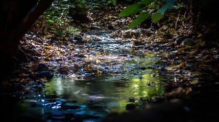 小川。太陽の光が差し込む森の小川。岩の上の透き通った水面に木漏れ日が映っています。旅行雑誌、旅行先ブランディング。旅行先ブランディングのためにデザインされ、研究者によって使用されています。