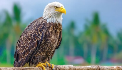 Bald eagle perched on a branch, profile view, out-of-focus background