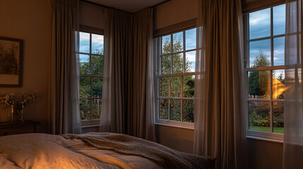 English country bedroom with decor detail, bed, cushion, textile, furniture and window view, styled interior with classic design feature for cottage, hotel, home or real estate presentation