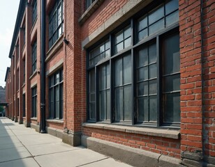 Vintage brick building facade with large dark windows, concrete sidewalk. Red brickwork, metal window frames, narrow urban alleyway create industrial, commercial atmosphere. Clear daytime sky with