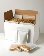 Cardboard box filled with snacks, small pouches