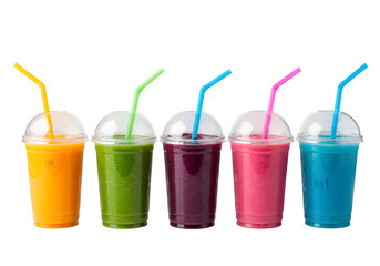 Five colorful smoothies in plastic cups with straws, isolated on white or transparent background, PNG format.