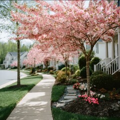 Spring blooms line a suburban street