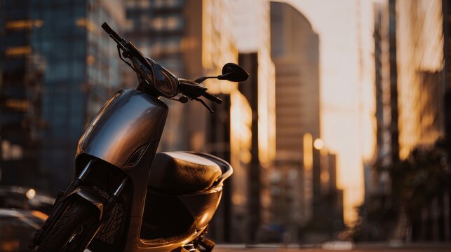 Sleek electric scooter parked on a quiet city street at sunrise, showcasing eco friendly commuting