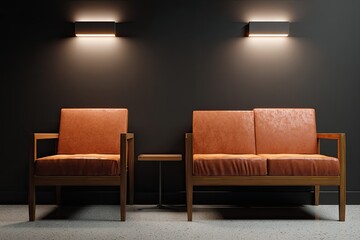 Modern waiting area with orange leather seating