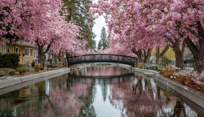 Pink cherry blossoms reflect in a canal under a bridge