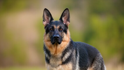 Focused German Shepherd dog standing outdoors within natural surroundings, captured in soft daylight featuring blurred greenery in the background, conveying alertness and strength