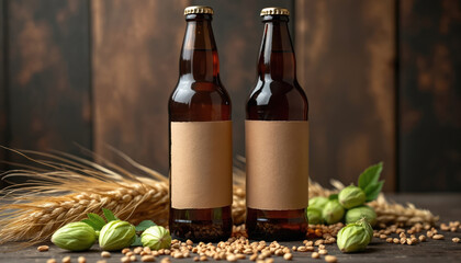 Two amber glass bottles with blank brown labels sit on rustic wooden surface. Surrounded by hops, barley grains, bottles ideal for craft beverage branding, beer product display, artisanal brewing,