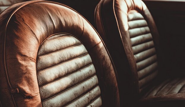 Fototapeta Aged leather seats of a vintage car