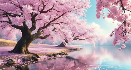 Pink Cherry Blossom Trees by Lake Spring Landscape.