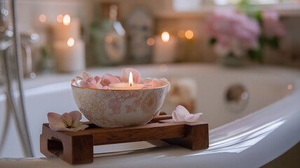 Interior of a traditional English bathroom with bath, shower, mirror, basin, candle, towel, flower, marble surface, brass fitting, and wood detail