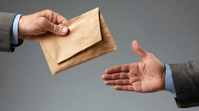 Hands Exchanging Brown Paper Envelope in Formal Business Setting