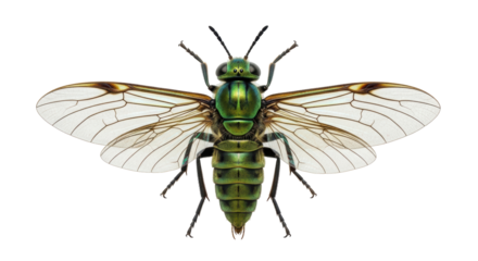 Isolated Green metallic fly with net-veined wings, insect study with shiny exoskeleton