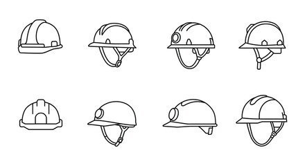 Line art illustration depicting various styles of industrial safety helmets