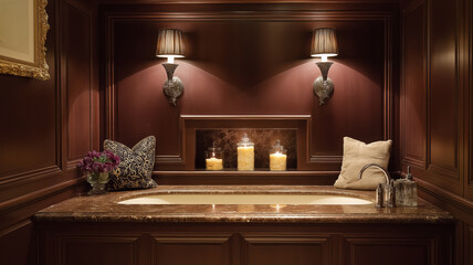 Interior of a traditional English bathroom with bath, shower, mirror, basin, candle, towel, flower, marble surface, brass fitting, and wood detail