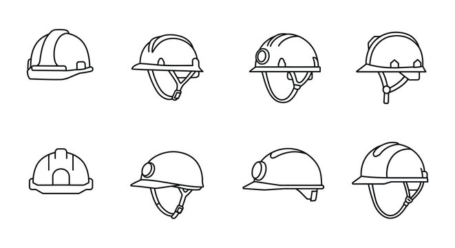 Line art illustration depicting various styles of industrial safety helmets