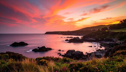 Silhouette of a Person Walking on a Pink and Orange Sunset Beach