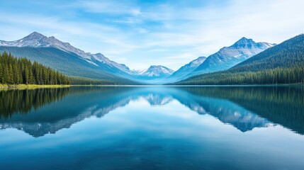 Serene landscape featuring crystal clear waters reflecting majestic peaks and surrounded by lush greenery, embodying tranquility and beauty