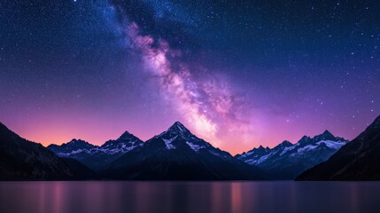 Stunning night landscape featuring the milky way rising over a snowy mountain range and reflecting in the calm water of a lake