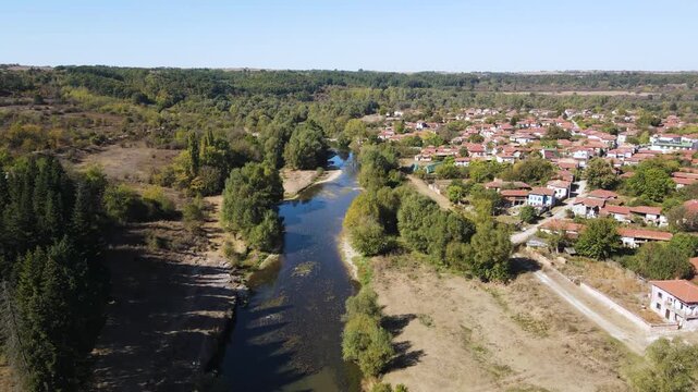Amazing Aerial view of Vit river, passing near village of Aglen, Lovech Region, Bulgaria
